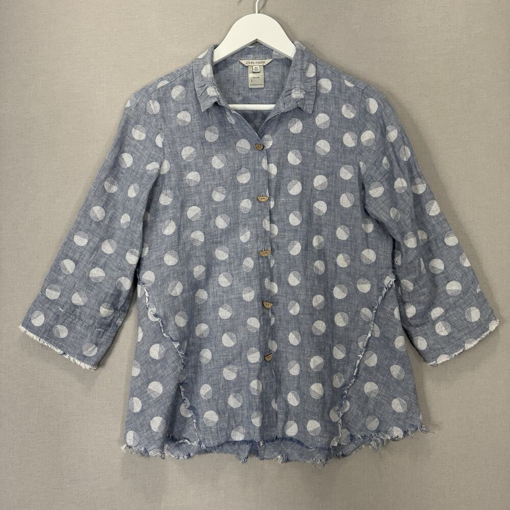 John Mark 100% Linen Shirt Womens XS Blue Polka Dot Lagenlook Artsy Coastal Top